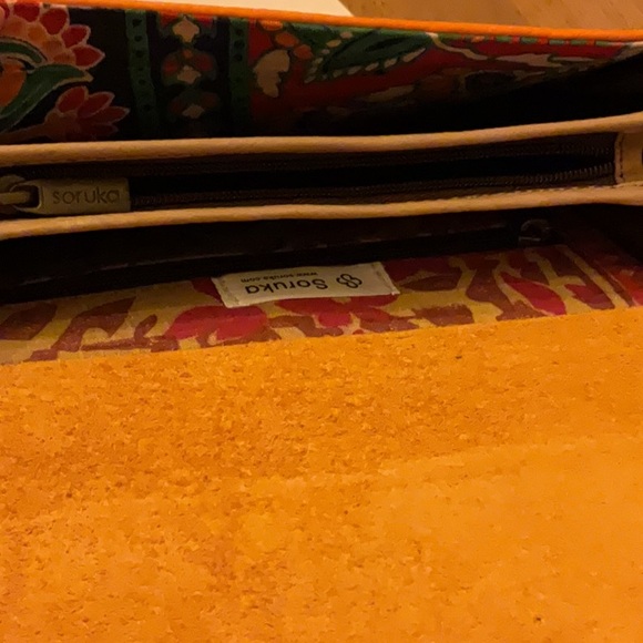 Soruka Recycled Leather Crossbody Bag Orange Cowhide Flap Polka Dot Handcrafted - Picture 6 of 6